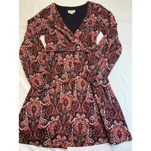Anthropologie Maeve Dress Sz M Long Sleeve Belted V Neck Red Paisley Soft Fabric